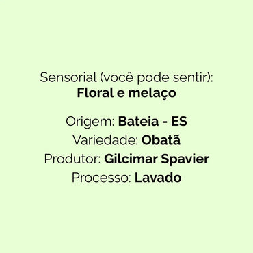 Texto sobre café com notas sensoriais floral e melaço, origem Bateia-ES, variedade Obatã, produtor Gilcimar Spavier, processo lavado