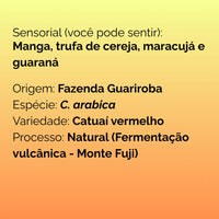 Descrição sensorial e origem do café Catuaí vermelho da Fazenda Guariroba com processo natural e fermentação vulcânica