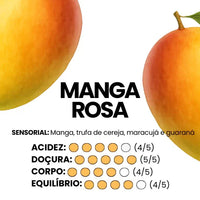 Manga Rosa com notas sensoriais de trufa de cereja, maracujá e guaraná, avaliação de acidez, doçura, corpo e equilíbrio