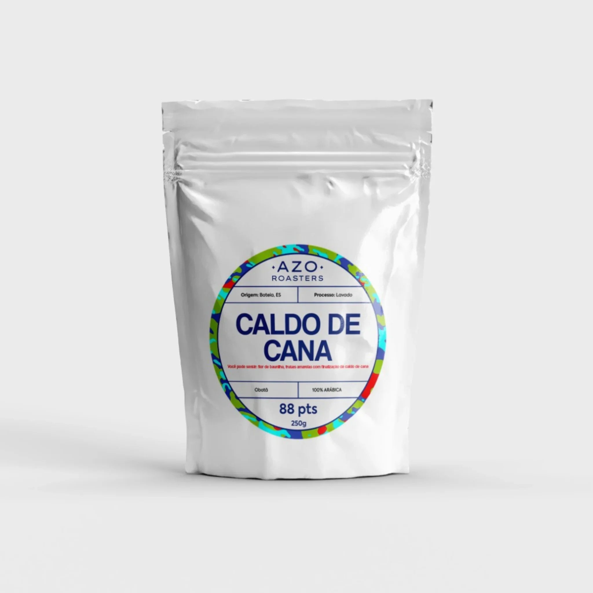 Pacote branco de café Caldo de Cana da AZO Roasters, 250g, 100% arábica, 88 pontos