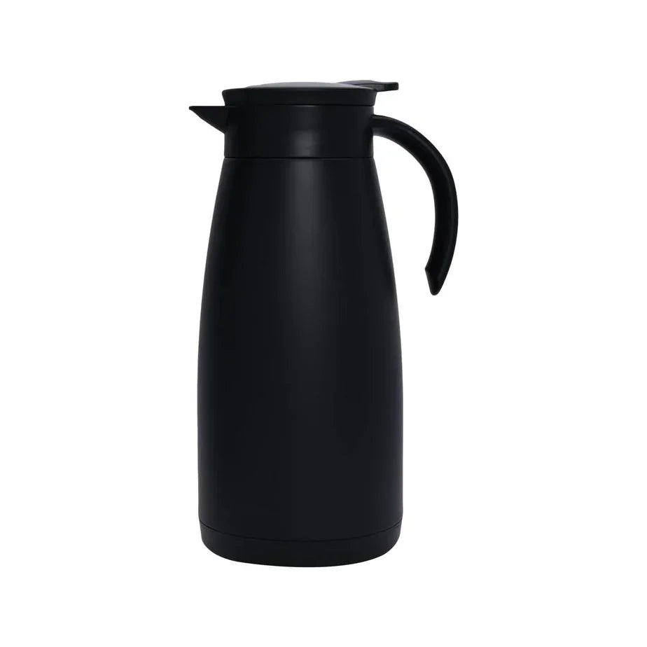 Garrafa térmica preta com alça para café ou chá, design moderno e prático
